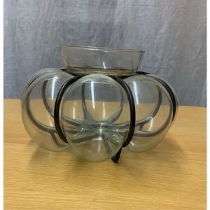 Vintage Brutalist Caged Wrought Iron Art Glass Hand Blown Clear Pumpkin Bowl